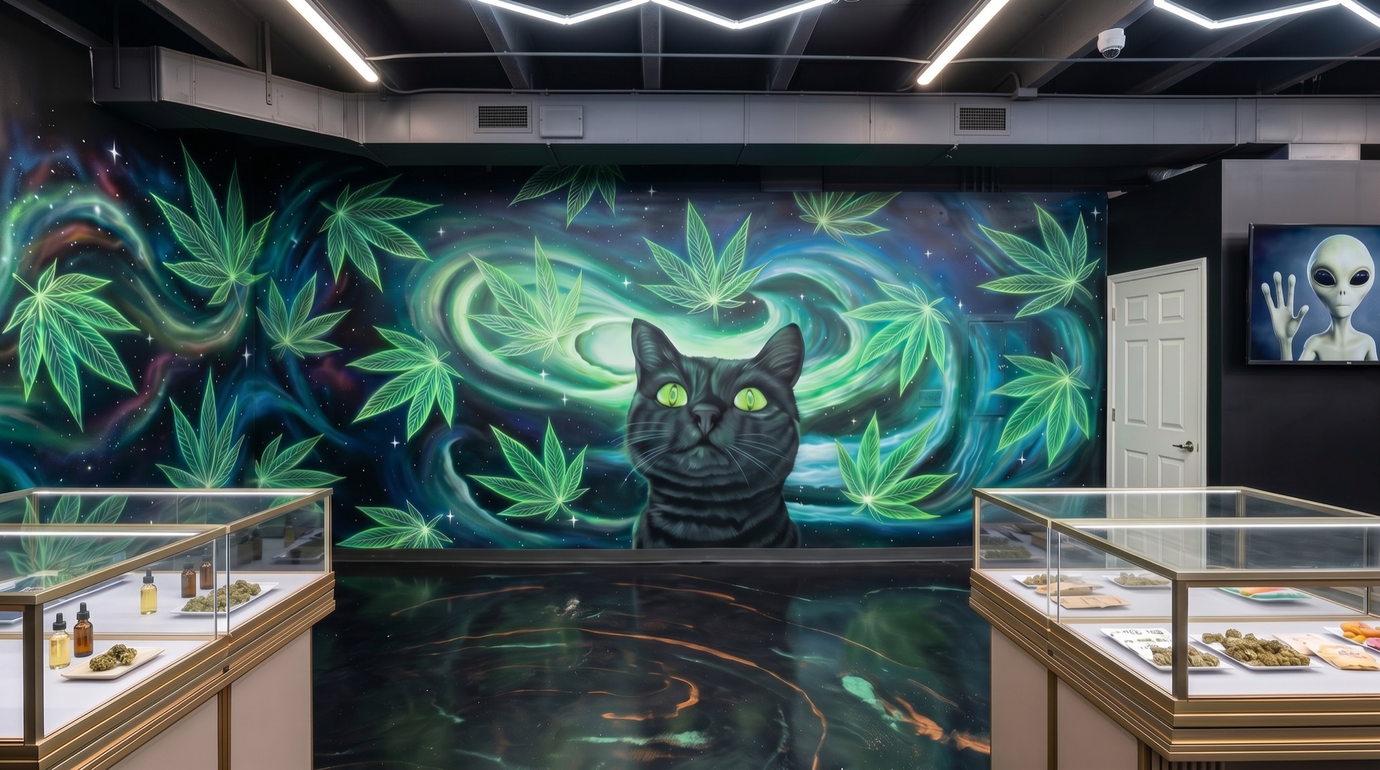 Inside New Brighton Dispensary — cosmic mural, display cases, the vibe.